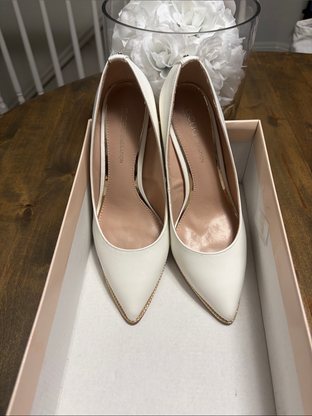 BCBGeneration White Pointed Toe High Heels with Gold Trim